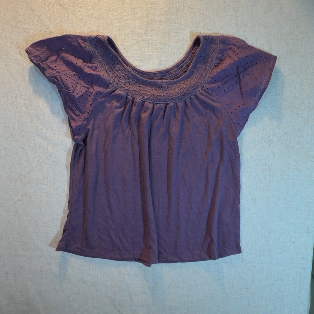 Cato Eyelet Smocked Neckline Short Sleeve Blouse Top Purple Women's Size Large